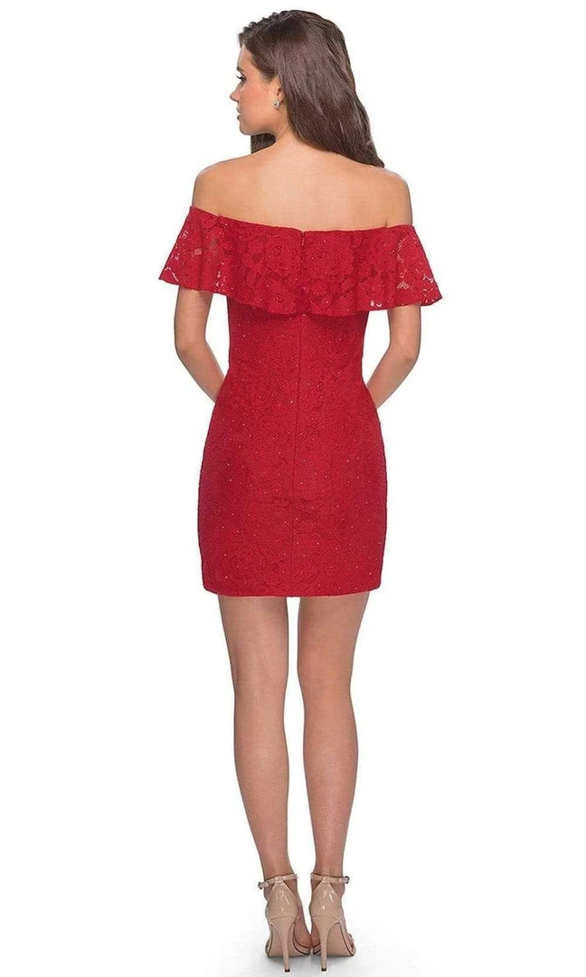La Femme - Draped Lace Off Shoulder Short Dress 28147SC 4 La Femme - Draped Lace Off Shoulder Short Dress 28147SC