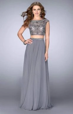 La Femme - Embellished Cap Sleeve Prom Dress 24493SC - 1 Pc Gunmetal In Size 6 Available