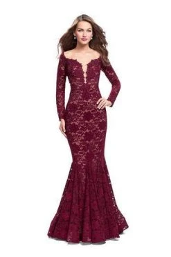 Formal Gowns La Femme - Fitted Beaded Plunging Sweetheart Mermaid Dress 25607SC - 1 Pc Garnet In Size 8 Available