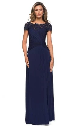 La Femme - Knot-Ornate Ruched Evening Dress 28029SC - 1 Pc Navy In Size 14 Available Formal Gowns