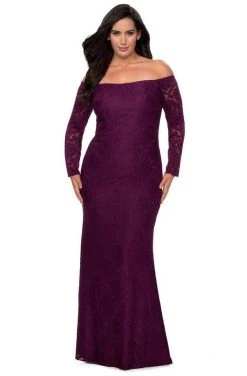 Formal Gowns La Femme - Lace Off-Shoulder Sheath Dress 28859SC - 1 Pc Dark Berry In Size 16W Available