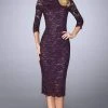 La Femme - Lace Tea Length Dress 24875SC - 1 Pc Plum In Size 4 Available