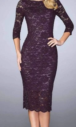 La Femme - Lace Tea Length Dress 24875SC - 1 Pc Plum In Size 4 Available