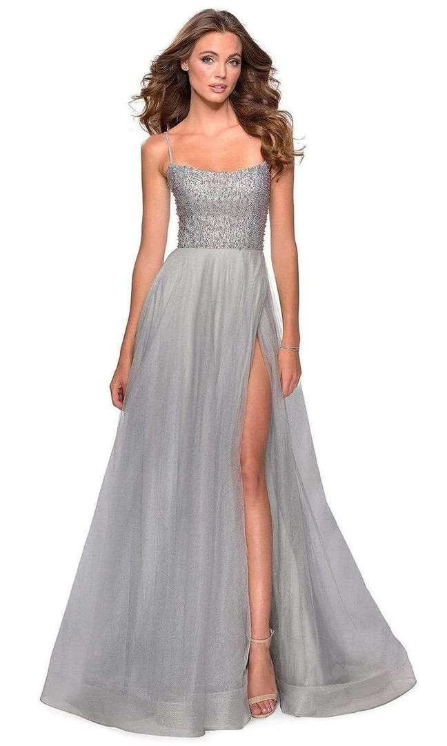 La Femme - Long Beaded Bodice High Slit Tulle Dress 28530SC - 1 Pc Silver In Size 0 Available Formal Gowns 5 La Femme - Long Beaded Bodice High Slit Tulle Dress 28530SC - 1 Pc Silver In Size 0 Available Formal Gowns