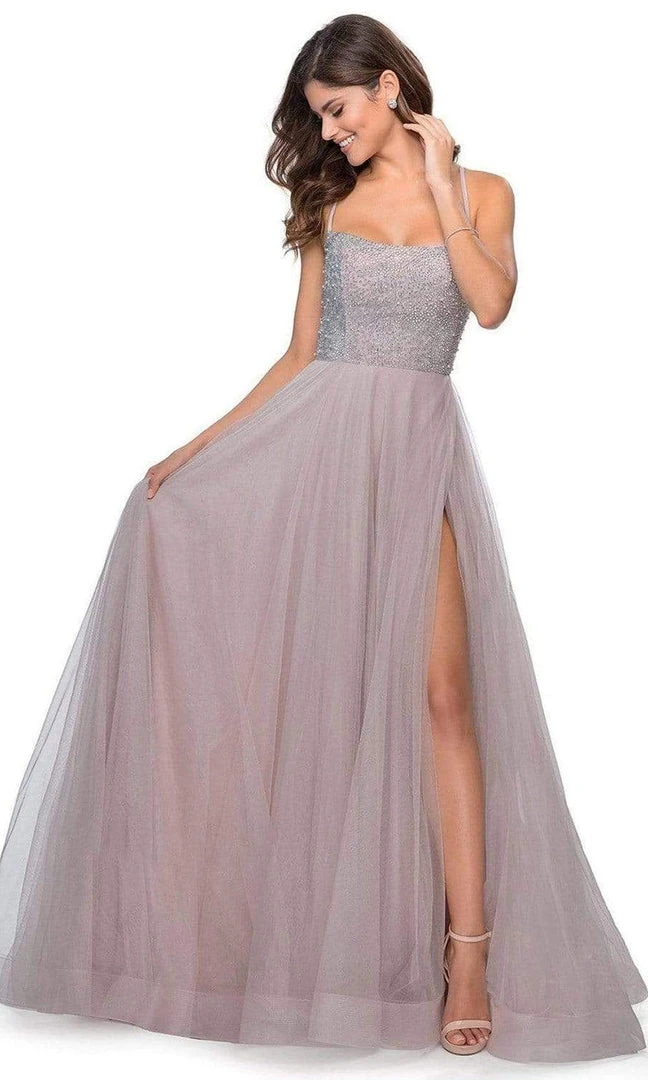 La Femme - Long Beaded Bodice High Slit Tulle Dress 28530SC - 1 Pc Silver In Size 0 Available Formal Gowns 4 La Femme - Long Beaded Bodice High Slit Tulle Dress 28530SC - 1 Pc Silver In Size 0 Available Formal Gowns