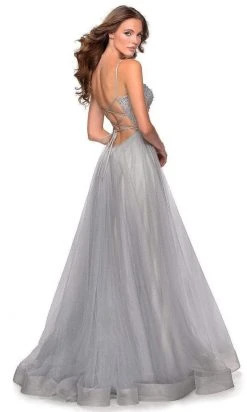 La Femme - Long Beaded Bodice High Slit Tulle Dress 28530SC - 1 Pc Silver In Size 0 Available Formal Gowns 9 La Femme - Long Beaded Bodice High Slit Tulle Dress 28530SC - 1 Pc Silver In Size 0 Available Formal Gowns
