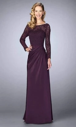 La Femme - Long Sleeve Beaded Lace Sheath Dress 23435SC - 1 Pc Plum In Size 4 Available Formal Gowns