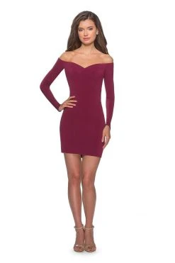 La Femme - Long Sleeve Off Shoulder Bandeau Back Dress 28212SC - 1 Pc Dark Berry In Size 2 Available Cocktail Dresses