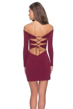 La Femme - Long Sleeve Off Shoulder Bandeau Back Dress 28212SC - 1 Pc Dark Berry In Size 2 Available Cocktail Dresses