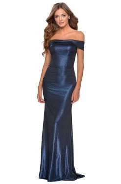 Formal Gowns La Femme - Metallic Off Shoulder Sheath Dress 28740SC - 2 Pc Navy In Size 0 And 12 Available