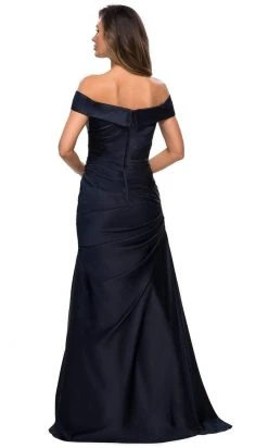 La Femme - Off Shoulder Draped Satin Gown 28103SC - 1 Pc Navy In Size 10 And 1 Pc Champagne In Size 16 Available