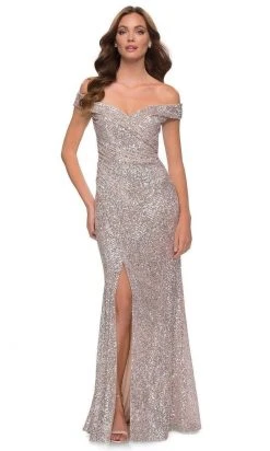 La Femme - Off Shoulder Sequined High Slit Dress 29831SC Formal Gowns