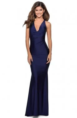 La Femme - Plunging Halter V-Neck Fitted Sheath Dress 28579SC - 1 Pc Navy In Size 00 Available