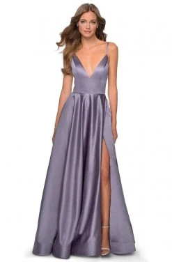 La Femme - Plunging V-Neck Fitted Satin A-Line Dress 28628SC Formal Gowns