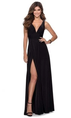 La Femme - Ruche-Ornate High Slit A-Line Dress 28547SC Formal Gowns