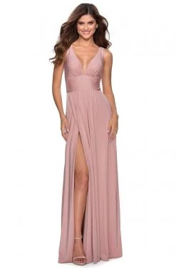 La Femme - Ruche-Ornate High Slit A-Line Dress 28547SC Formal Gowns 9 La Femme - Ruche-Ornate High Slit A-Line Dress 28547SC Formal Gowns