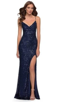 La Femme - Sequined Cowl Prom Dress 29657SC - 1 Pc Navy In Size 4 Available Formal Gowns