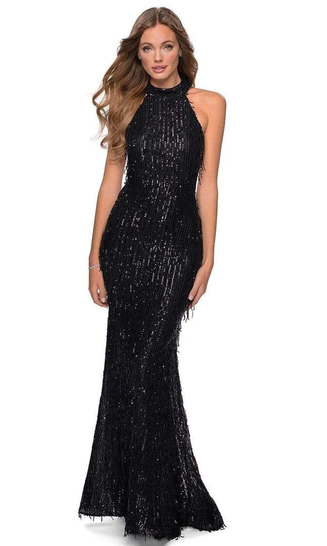 Formal Gowns La Femme - Sequined Fringe High Halter Evening Dress 28819SC - 1 Pc Silver In Size 0 Available 5 Formal Gowns La Femme - Sequined Fringe High Halter Evening Dress 28819SC - 1 Pc Silver In Size 0 Available