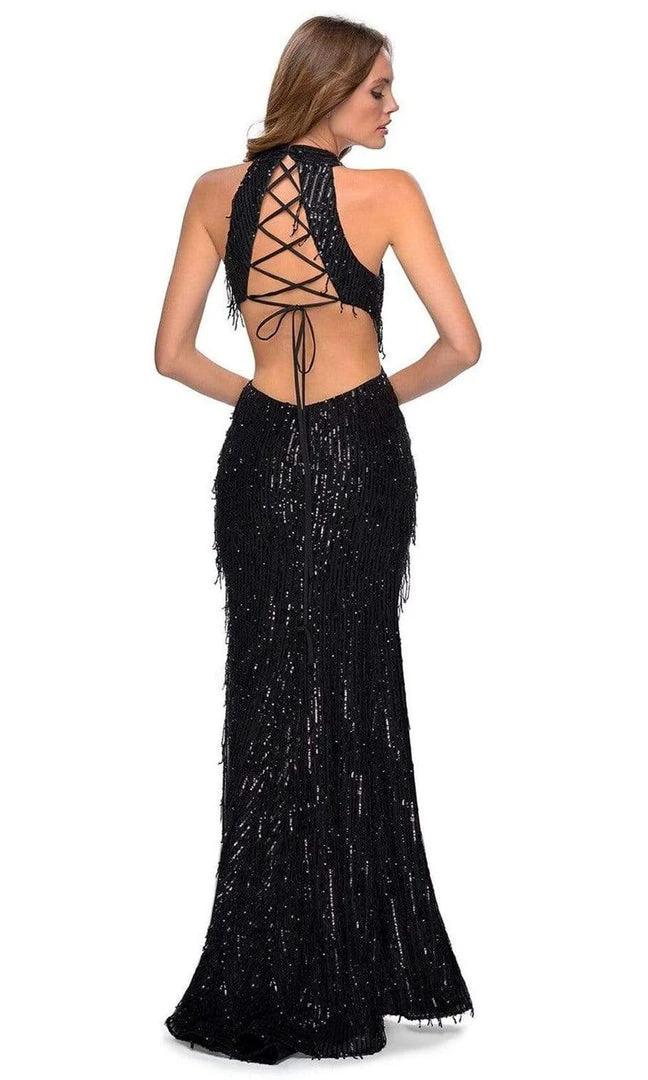 Formal Gowns La Femme - Sequined Fringe High Halter Evening Dress 28819SC - 1 Pc Silver In Size 0 Available 7 Formal Gowns La Femme - Sequined Fringe High Halter Evening Dress 28819SC - 1 Pc Silver In Size 0 Available