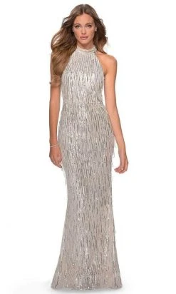 Formal Gowns La Femme - Sequined Fringe High Halter Evening Dress 28819SC - 1 Pc Silver In Size 0 Available 11 Formal Gowns La Femme - Sequined Fringe High Halter Evening Dress 28819SC - 1 Pc Silver In Size 0 Available