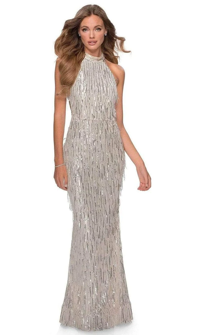 Formal Gowns La Femme - Sequined Fringe High Halter Evening Dress 28819SC - 1 Pc Silver In Size 0 Available 3 Formal Gowns La Femme - Sequined Fringe High Halter Evening Dress 28819SC - 1 Pc Silver In Size 0 Available