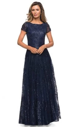 La Femme - Sequined Lace Bateau A-line Dress 27837SC - 1 Pc Navy In Size 12 Available