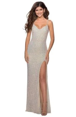 Formal Gowns La Femme - Sequined V-Neck Dress With Slit 28441SC - 1 Pc Champagne In Size 2 Available