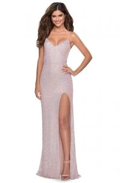 Formal Gowns La Femme - Sequined V-Neck Dress With Slit 28441SC - 1 Pc Champagne In Size 2 Available