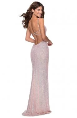 Formal Gowns La Femme - Sequined V-Neck Dress With Slit 28441SC - 1 Pc Champagne In Size 2 Available