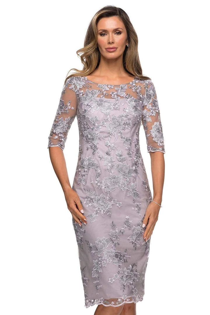 La Femme - Sheer Neckline And Sleeves Floral Lace Sheath Knee-Length Dress 27895SC - 1 Pc Lavender/Gray In Size 10 Available 5 La Femme - Sheer Neckline And Sleeves Floral Lace Sheath Knee-Length Dress 27895SC - 1 Pc Lavender/Gray In Size 10 Available
