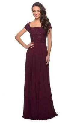 La Femme - Short Sleeve Embellished Square Neck Chiffon Dress 26512SC - 1 Pc Black In Size 12 Available