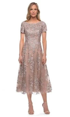Cocktail Dresses La Femme - Short Sleeve Floral Formal Dress 29830SC - 1 Pc Champagne In Size 16 Available