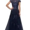 Formal Gowns La Femme - Short Sleeves Lace Tulle Evening Gown 26907SC - 1 Pc Navy In Size 16 Available
