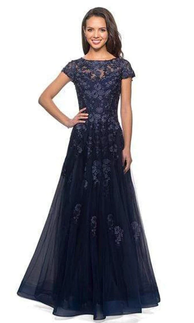 Formal Gowns La Femme - Short Sleeves Lace Tulle Evening Gown 26907SC - 1 Pc Navy In Size 16 Available 3 Formal Gowns La Femme - Short Sleeves Lace Tulle Evening Gown 26907SC - 1 Pc Navy In Size 16 Available