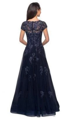 Formal Gowns La Femme - Short Sleeves Lace Tulle Evening Gown 26907SC - 1 Pc Navy In Size 16 Available 6 Formal Gowns La Femme - Short Sleeves Lace Tulle Evening Gown 26907SC - 1 Pc Navy In Size 16 Available