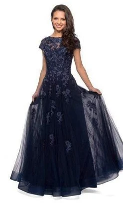 Formal Gowns La Femme - Short Sleeves Lace Tulle Evening Gown 26907SC - 1 Pc Navy In Size 16 Available 7 Formal Gowns La Femme - Short Sleeves Lace Tulle Evening Gown 26907SC - 1 Pc Navy In Size 16 Available