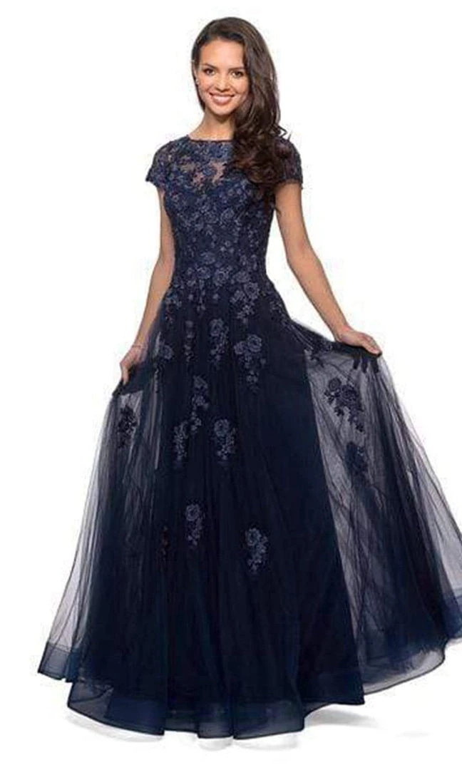Formal Gowns La Femme - Short Sleeves Lace Tulle Evening Gown 26907SC - 1 Pc Navy In Size 16 Available 5 Formal Gowns La Femme - Short Sleeves Lace Tulle Evening Gown 26907SC - 1 Pc Navy In Size 16 Available