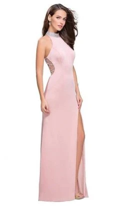 La Femme - Sleeveless High Halter Sheath Dress 25767SC - 1 Pc Blush In Size 2 Available Formal Gowns 6 La Femme - Sleeveless High Halter Sheath Dress 25767SC - 1 Pc Blush In Size 2 Available Formal Gowns
