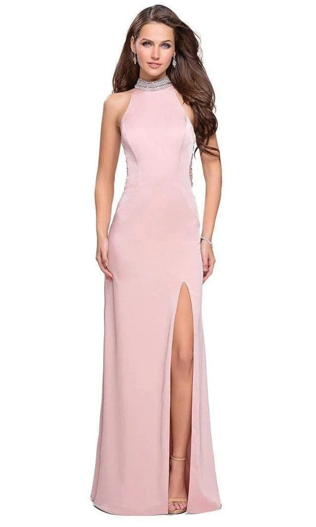La Femme - Sleeveless High Halter Sheath Dress 25767SC - 1 Pc Blush In Size 2 Available Formal Gowns 3 La Femme - Sleeveless High Halter Sheath Dress 25767SC - 1 Pc Blush In Size 2 Available Formal Gowns