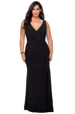Formal Gowns La Femme - Sleeveless Plunging V-Neck High Slit Sheath Gown 28882SC - 1 Pc Black In Size 14W Available