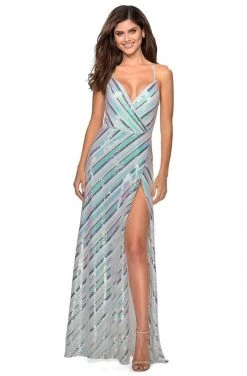 Formal Gowns La Femme - Sleeveless Spaghetti Straps Sequin A-Line Dress 28717SC - 1 Pc White/Multi In Size 10 Available