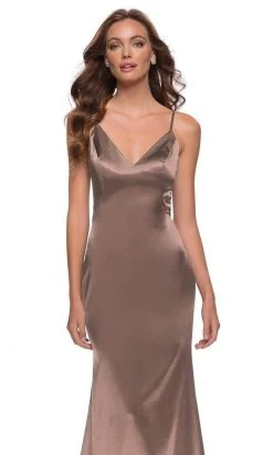 La Femme - Sleeveless V-Neck Fitted Satin Long Dress 29960SC - 1 Pc Nude In Size 4 Available Formal Gowns