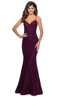 La Femme - Spaghetti Strap Lace Mermaid Dress 28504SC - 1 Pc Dark Berry In Size 8 Available Formal Gowns