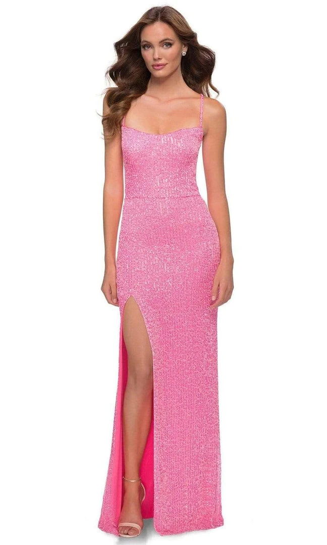 Formal Gowns La Femme - Spaghetti Strappy Long Sequin Dress 29986SC - 1 Pc Neon Pink In Sizes 4 Available 3 Formal Gowns La Femme - Spaghetti Strappy Long Sequin Dress 29986SC - 1 Pc Neon Pink In Sizes 4 Available