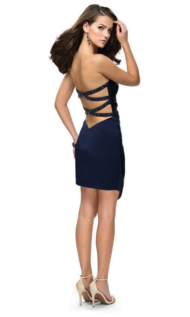 La Femme - Strapless Asymmetrical Overskirt Short Dress 26669SC - 1 Pc Navy In Size 4 Available 4 La Femme - Strapless Asymmetrical Overskirt Short Dress 26669SC - 1 Pc Navy In Size 4 Available