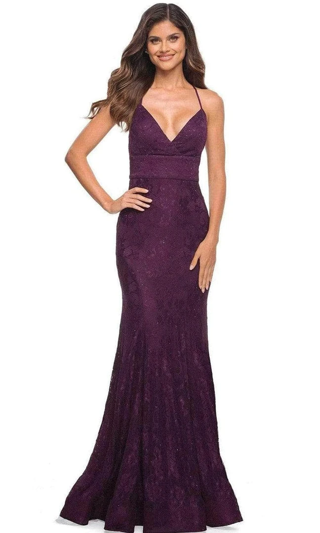 Formal Gowns La Femme - Strappy Back Lace Prom Gown 30442SC - 1 Pc Dark Berry In Size 4 Available 3 Formal Gowns La Femme - Strappy Back Lace Prom Gown 30442SC - 1 Pc Dark Berry In Size 4 Available