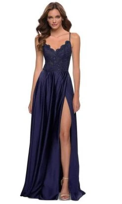 La Femme - V Neck A-Line Dress With Slit 29760SC - 1 Pc Navy In Size 6 Available Formal Gowns