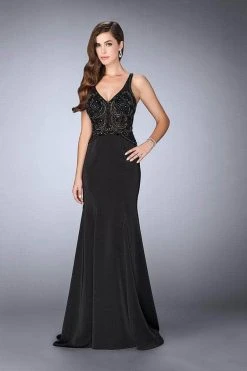 Formal Gowns La Femme - V-Neck Cutout Back Evening Gown 23909SC - 1 Pc Black In Size 6 Available