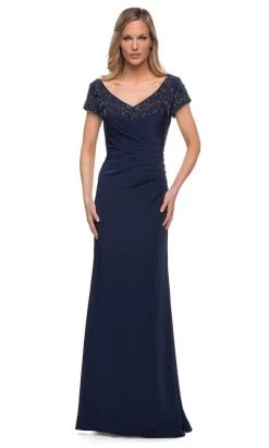 La Femme - V-Neck Fitted Evening Dress 28321SC - 1 Pc Navy In Size 12 Available Formal Gowns