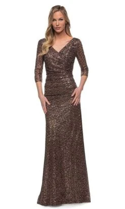 La Femme - V-Neck Sequin Formal Dress 29195SC - 1 Pc Bronze In Size 8 Available Formal Gowns